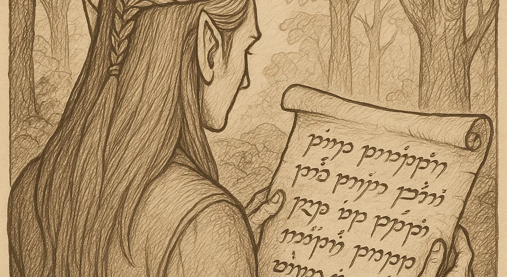 Elf lisant un manuscrit écrit en quenya