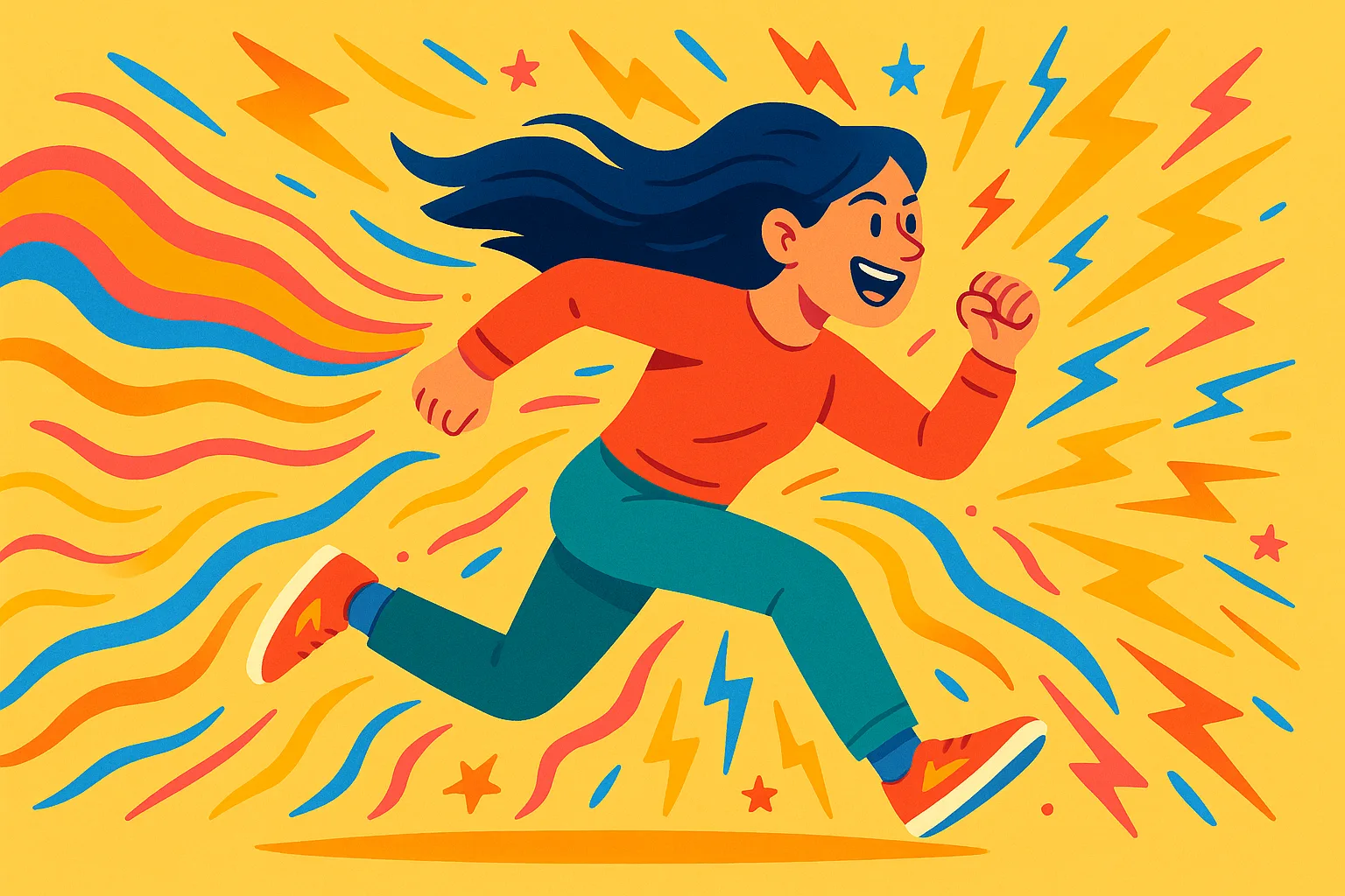 Femme maniaque qui court frénétiquement entourée d'éclairs et de couleurs