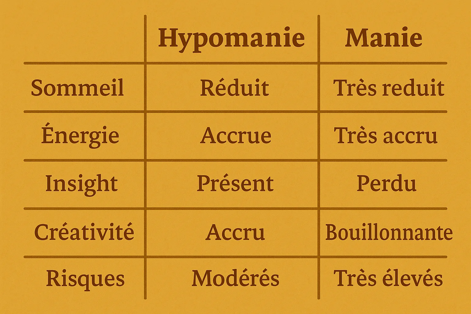 Tableau comparatif de l'hypomanie et la manie