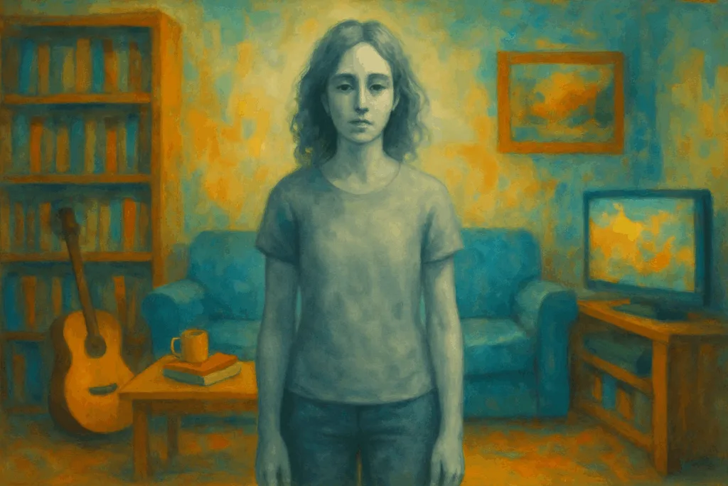 Illustration d'une femme aux couleurs délavées dans un monde pourtant coloré (perte d'intérêt et de plaisir)