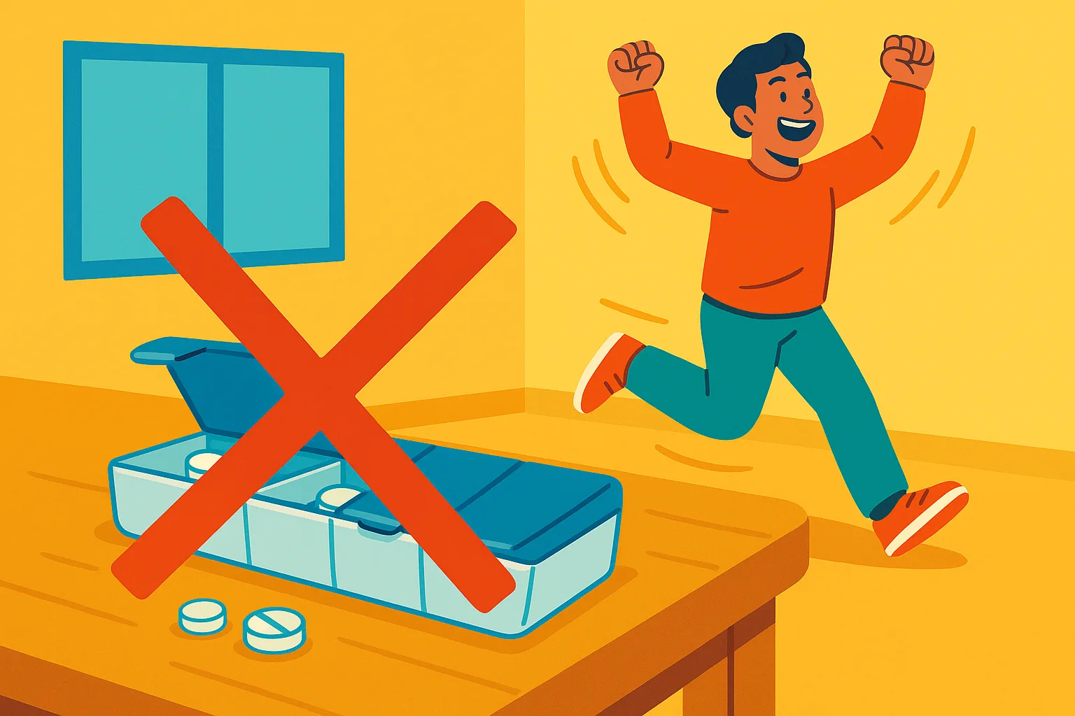 Illustration d'un pilulier barré avec un homme euphorique qui court dans le fond, image colorée