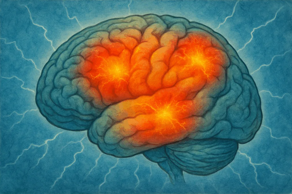 Illustration of a manic brain overheating