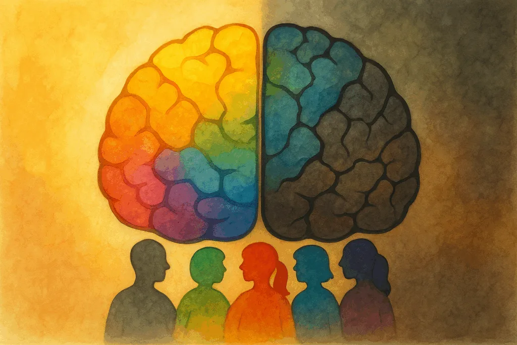 Illustration d'un cerveau avec la partie gauche multicolore et la partie droite sombre, et des silhouettes multicolores en-dessous