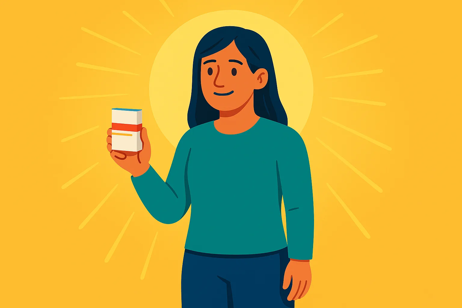 Femme heureuse tenant une boîte de médicaments avec un soleil derrière elle, symbole d'espoir