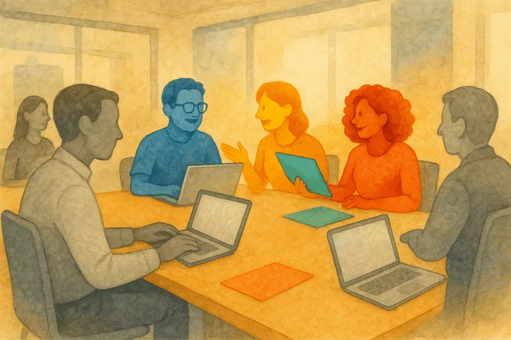 Illustration de personnes neurodivergentes multicolores sur un lieu de travail collaborant avec des neurotypiques