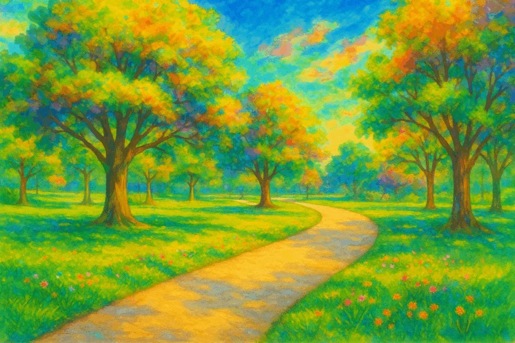 Stylized representation of a park with saturated colors