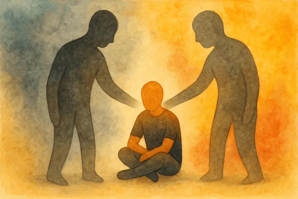 Illustration d'une personne assise entourée de deux silhouettes qui posent leur main sur ses épaule, symbole de soutien