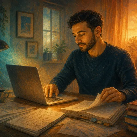 Homme écrivant les premières pages de son blog, entouré de livres, de recherches et de son manuscrit au lever du jour