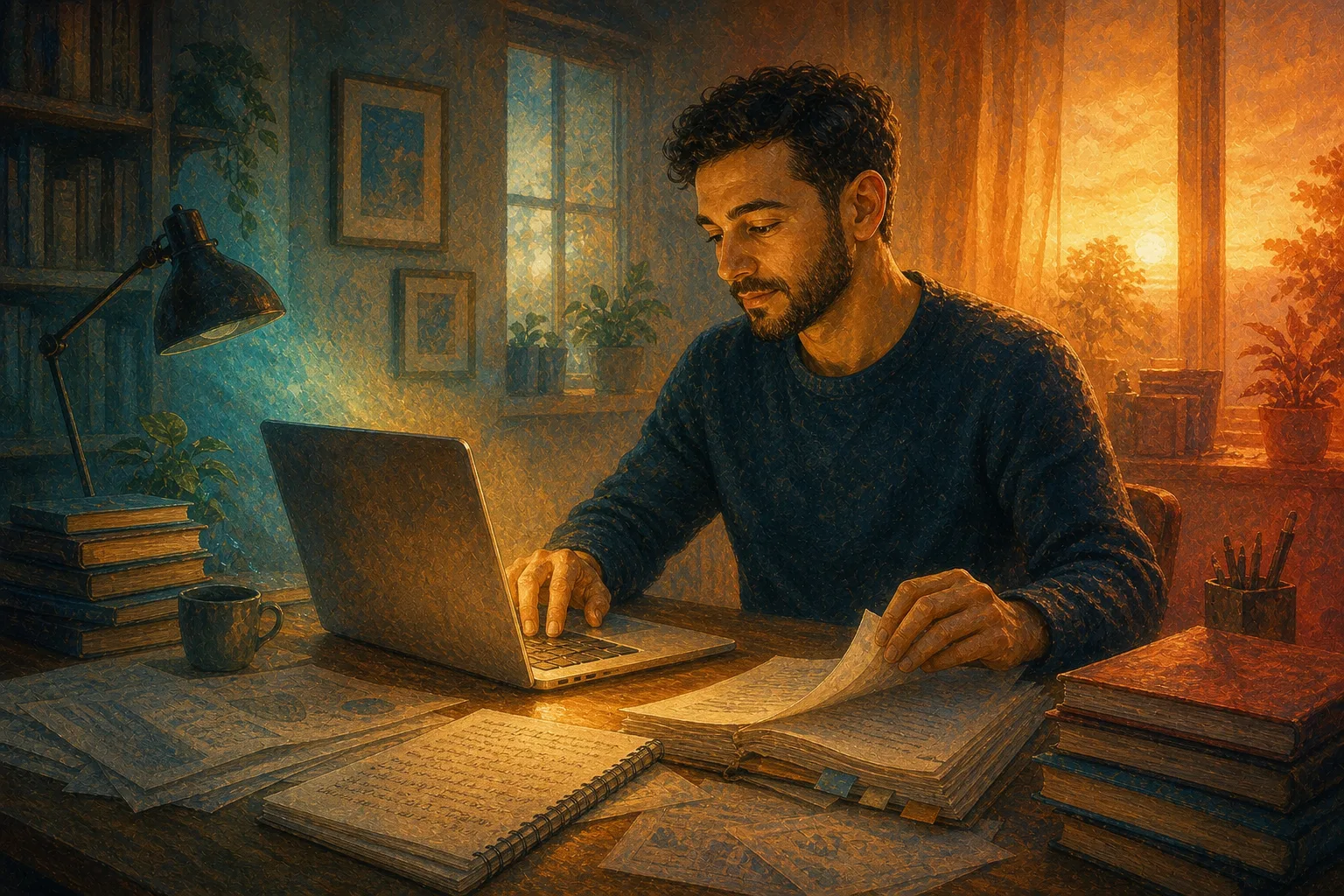 Homme écrivant les premières pages de son blog, entouré de livres, de recherches et de son manuscrit au lever du jour
