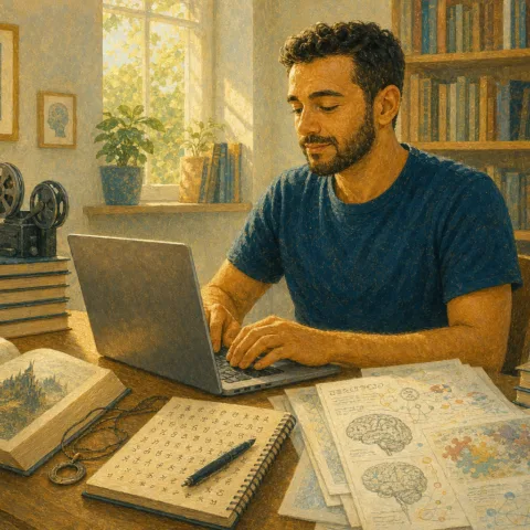 Homme concentré sur son ordinateur, entouré de livres, de notes et d’objets liés à ses intérêts spécifiques
