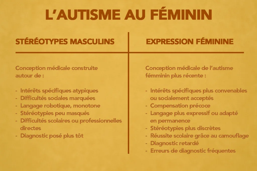 Illustration des stéréotypes autistiques masculins vs les traits caractéristiques féminins