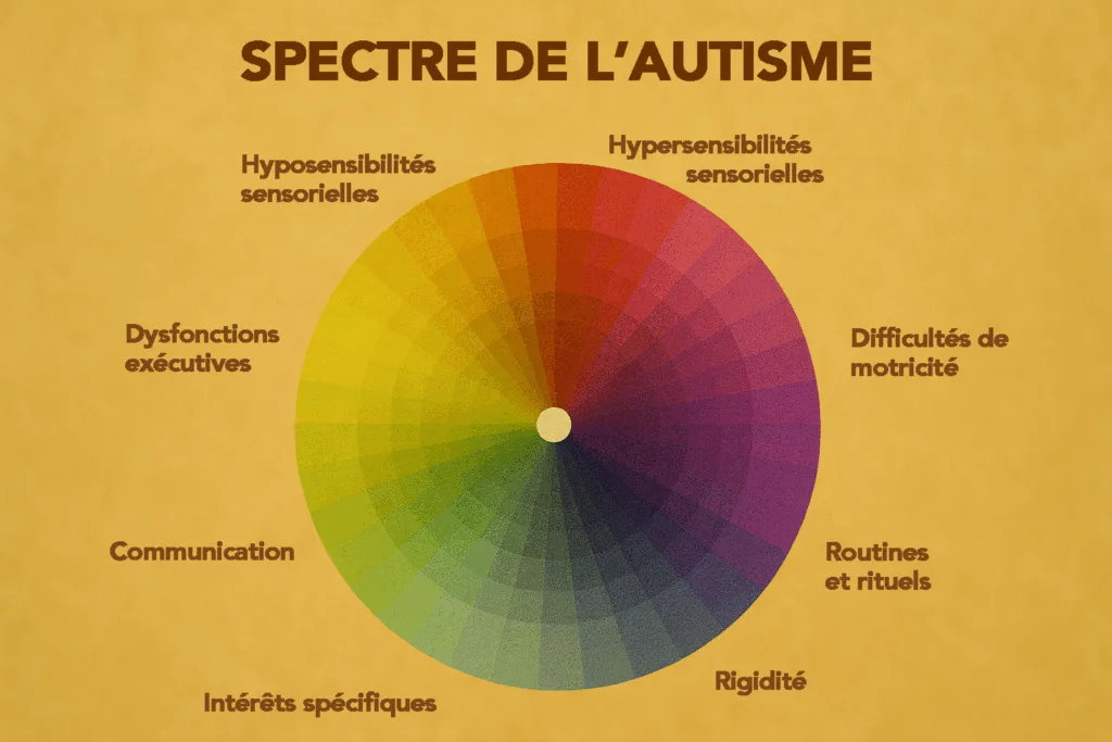 Illustration d'un cercle coloré représentant le spectre autistique avec divers symptômes qui l'entourent