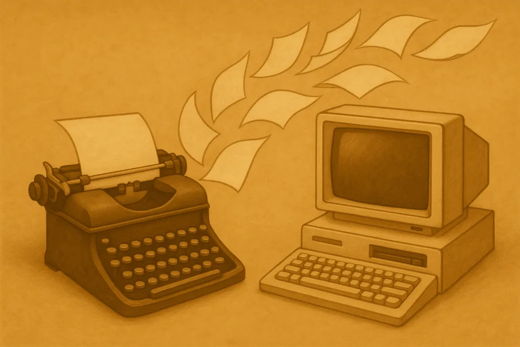 Typewriter with sheets of paper flying away