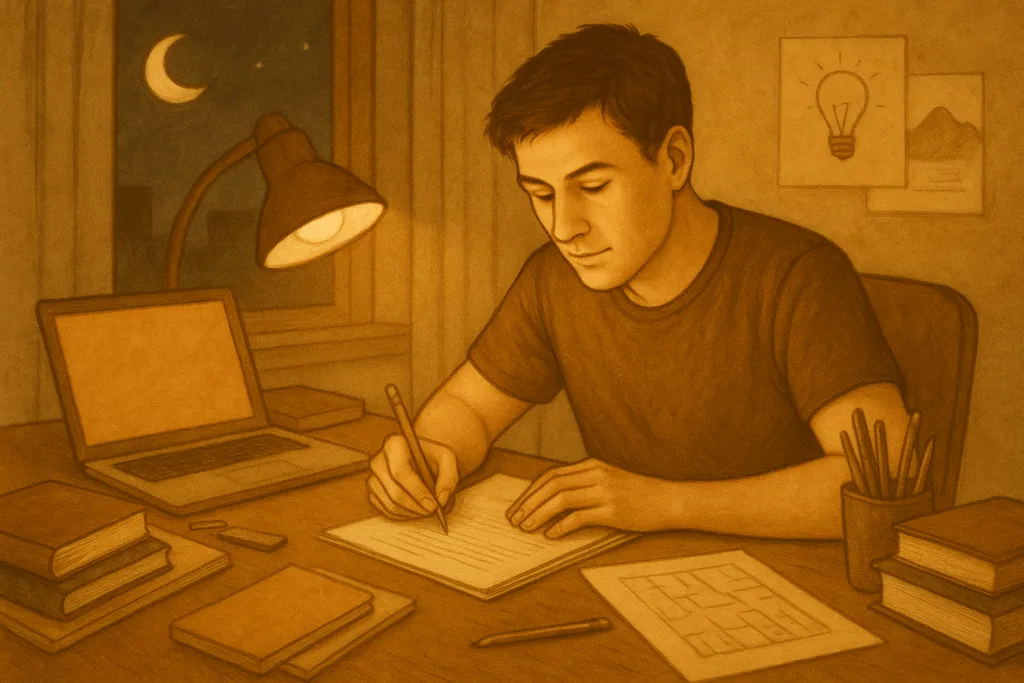 Man working at night with many books/projects on the desk