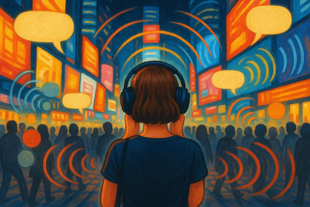 Femme avec casque audio pour se protéger du chaos sensoriel panneau lumineux, bruits, voix