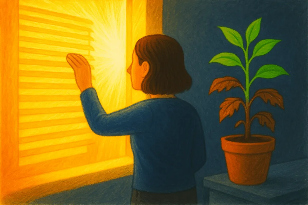 Illustration d'une femme qui ouvre ses volets et d'une plante qui repousse (fin du burn-out)