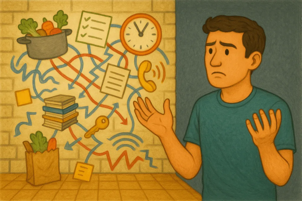 Illustration d'un homme face à une panoplie de tâches désorganisées, il semble confus