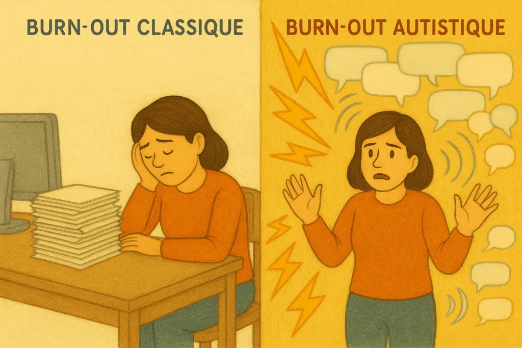 Femme qui croule sous la quantité de travail (burn-out classique) vs femme surchargé socialement et sensoriellement (burn-out autistique)