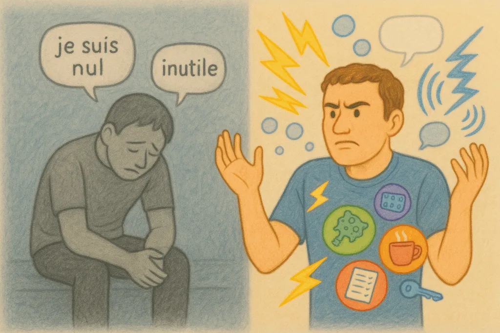 Homme triste à gauche avec dévalorisation (dépressif) vs homme surchargé sensoriellement mais avec intérêts conservés (burn-out autistique)