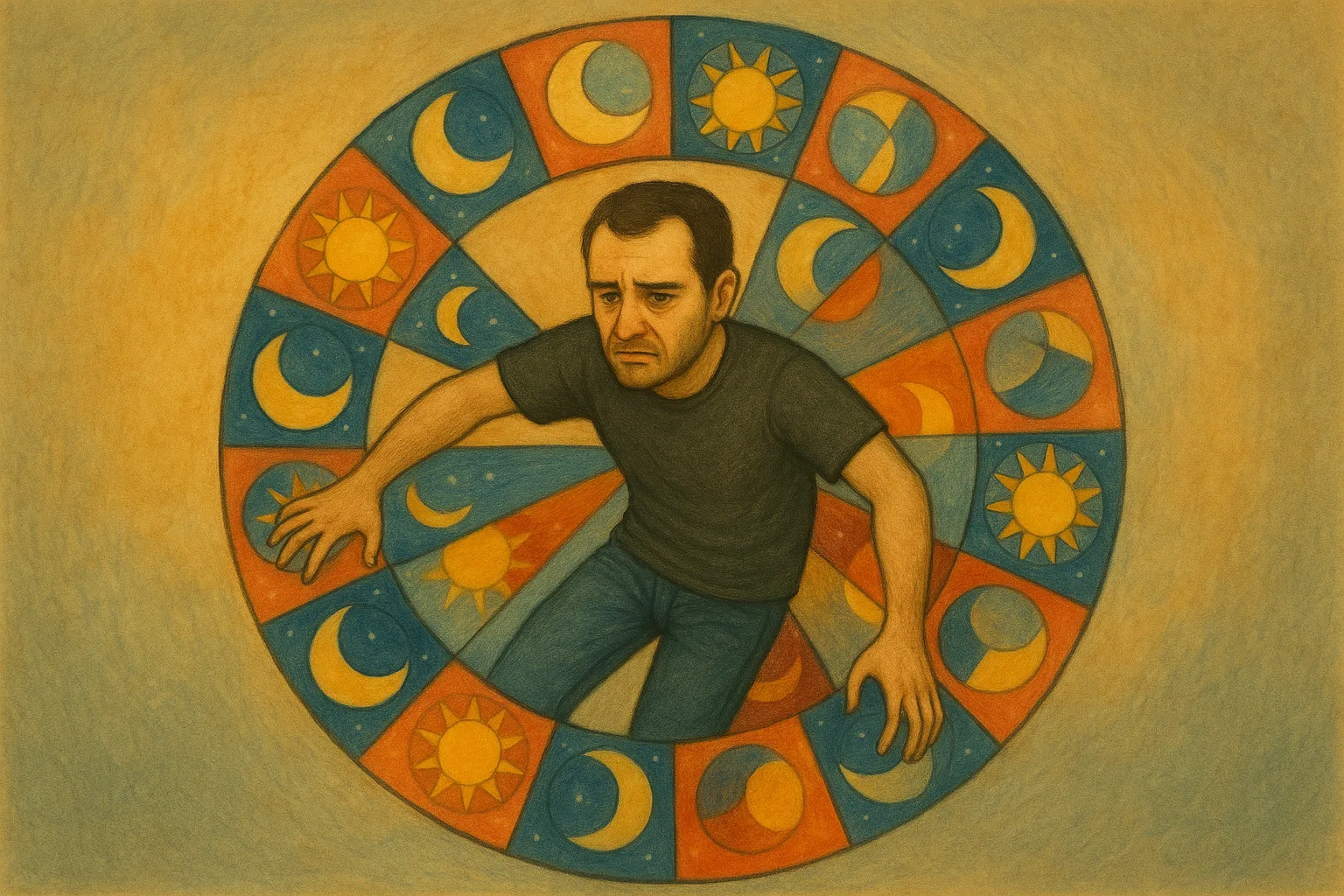 Illustration d'un homme pris au piège dans une roue (type fête foraine) des cycles de la bipolarité