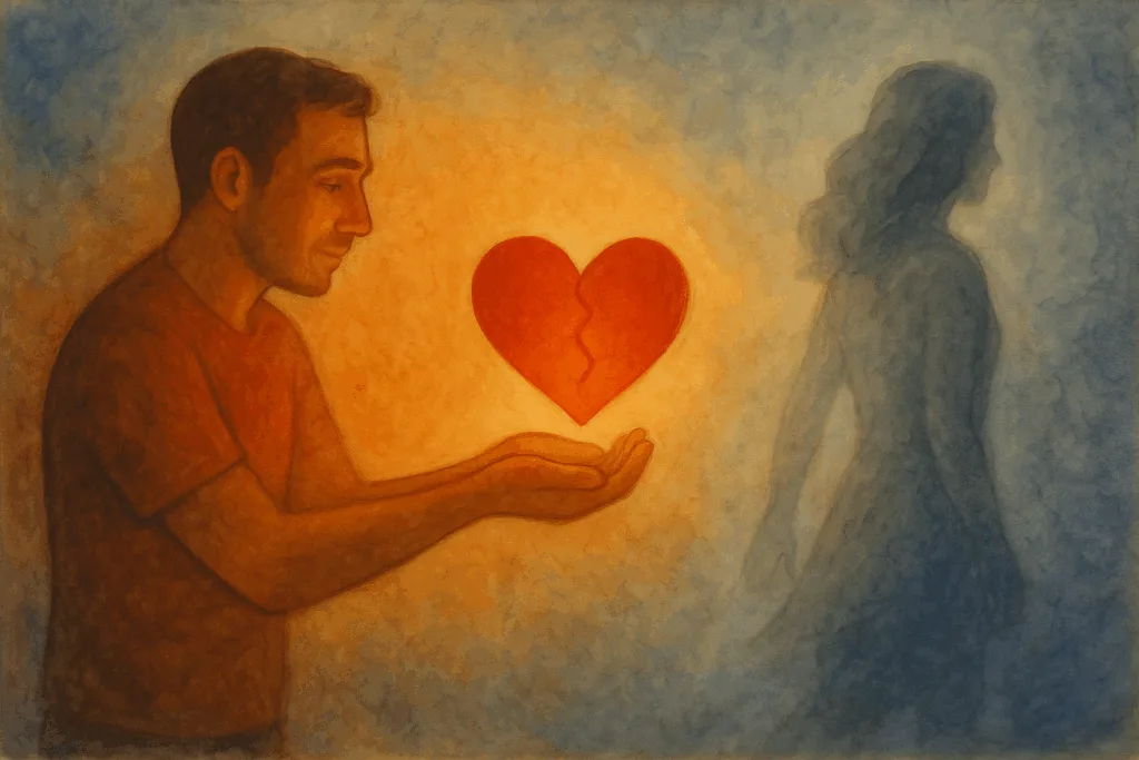 Illustration d'un homme sur fond orangé qui tend un cœur au-dessus de ses mains à une femme floue sur fond bleu qui s'éloigne