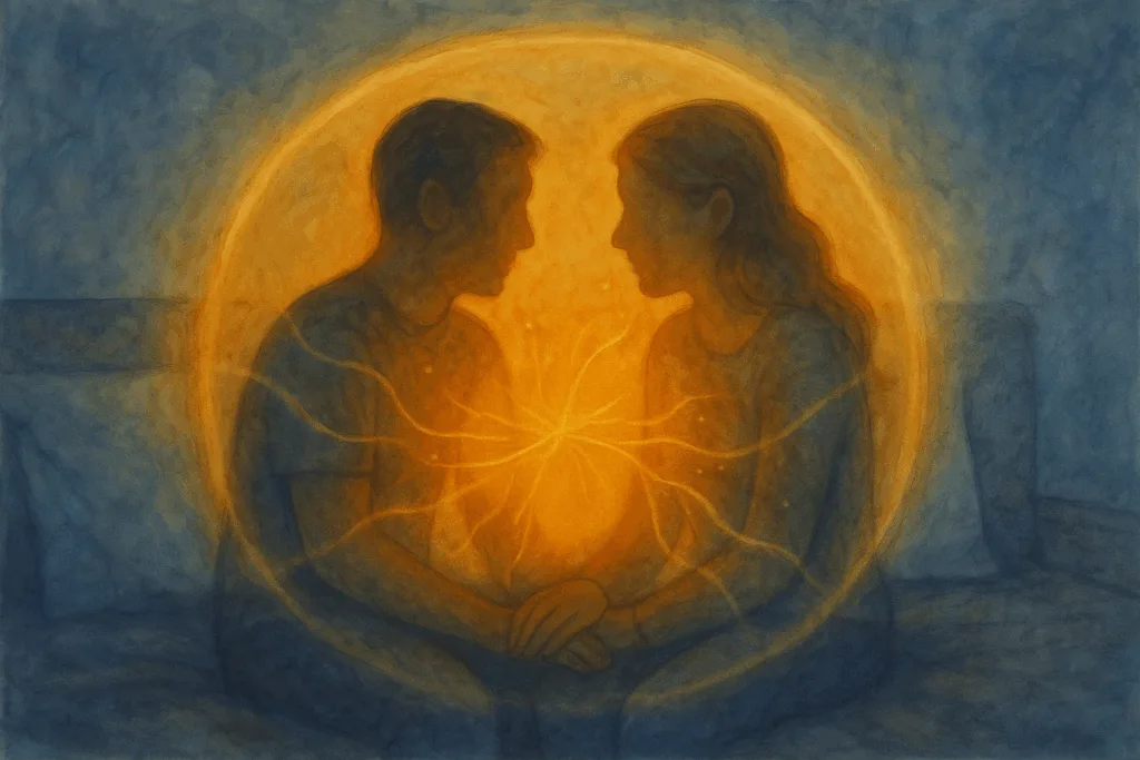 Illustration d'un homme et une femme assis sur fond bleu (monde extérieur), se tenant la main, dans une bulle sensorielle jaune