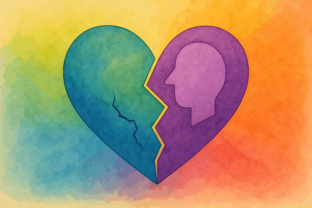 Illustration d'un cœur brisé bleu à gauche et violet à droite avec une tête de profil