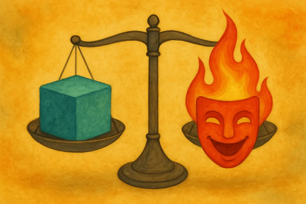 Balance équilibrée avec à gauche un cube bleu (autisme) et à droite un masque enflammé (bipolarité)