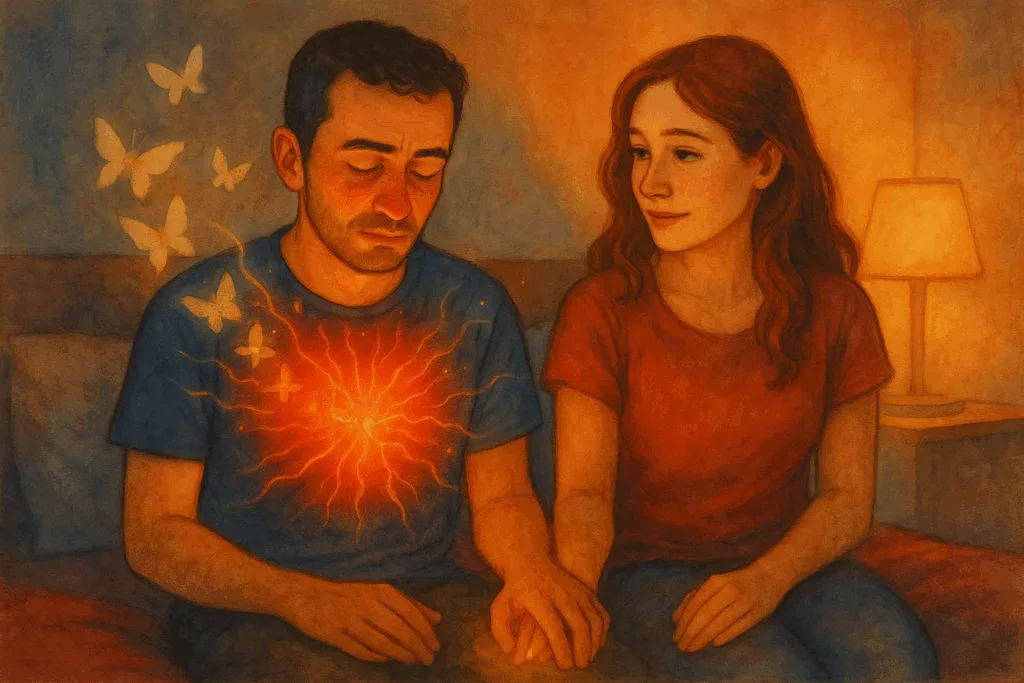 Illustration d'une femme qui tient la main d'un homme avec un cœur électrique et des papillons qui sortent de lui