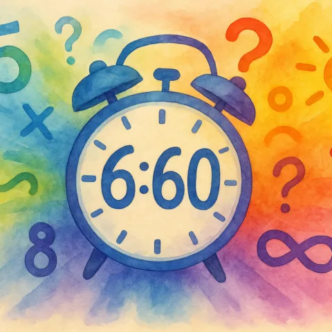 Illustration multicolore (spectre) d'un réveil absurde qui affiche 6h60 entouré de symboles et de chiffres