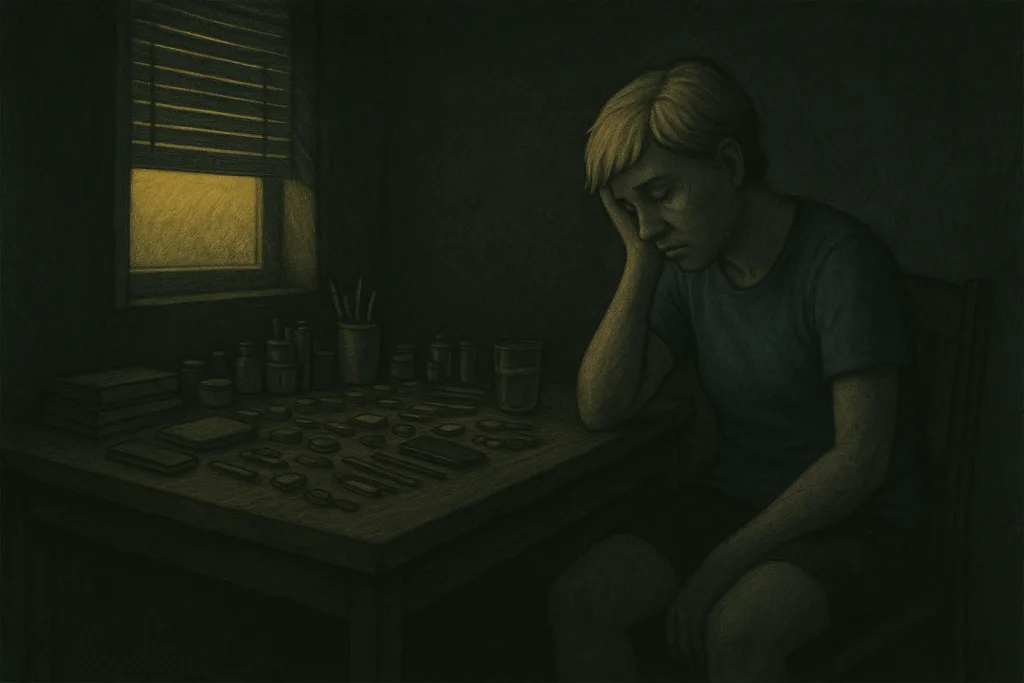 Illustration d'une femme épuisée, dans le noir, le bras posé sur une table avec des objets alignés vs le chaos