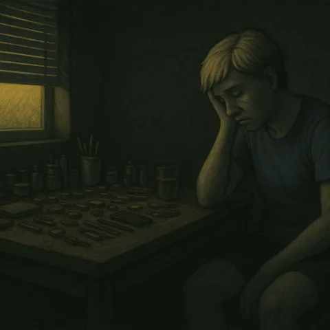Illustration d'une femme épuisée, dans le noir, le bras posé sur une table avec des objets alignés vs le chaos