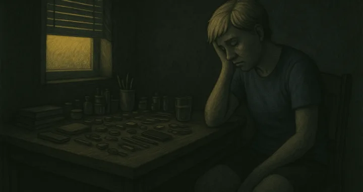 Illustration d'une femme épuisée, dans le noir, le bras posé sur une table avec des objets alignés vs le chaos