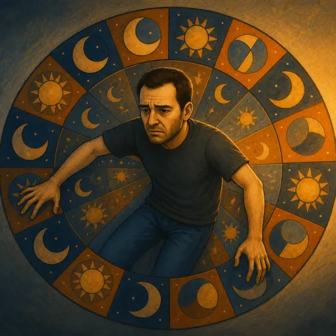 Illustration d'un homme pris au piège dans une roue (type fête foraine) des cycles de la bipolarité