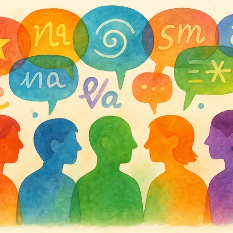 Illustration de personnages neurodivergents multicolores avec des bulles de discussions multicolores remplies de signes au-dessus d'eux (lexique)