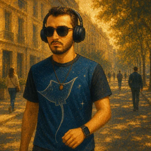 Marchant dans la rue avec mon casque et mes lunettes de soleil