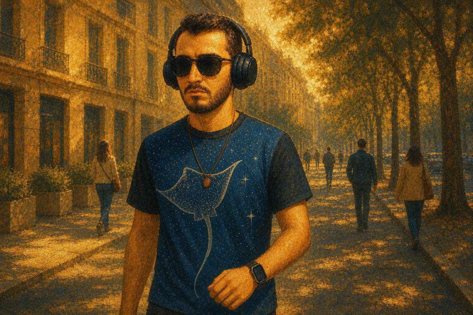 Marchant dans la rue avec mon casque et mes lunettes de soleil