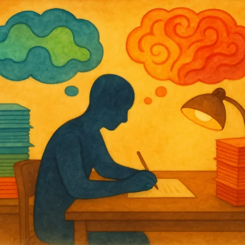 Homme qui réfléchit et écrit des articles, pile de gauche (autisme) haute et pile de droite plus basse (bipolarité)