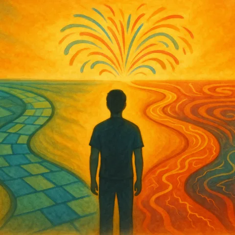 Illustration d'un chemin régulier bleu (autisme) et d'un chemin chaotique rouge (bipolarité) qui explosent en feu d'artifice à l'horizon