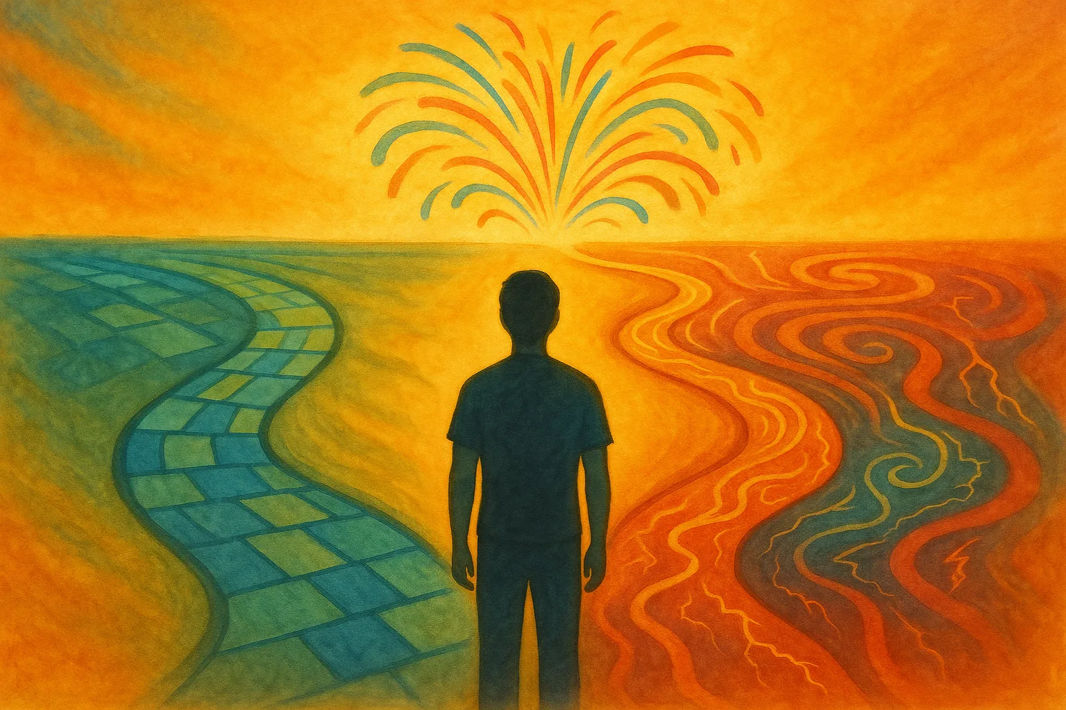 Illustration d'un chemin régulier bleu (autisme) et d'un chemin chaotique rouge (bipolarité) qui explosent en feu d'artifice à l'horizon