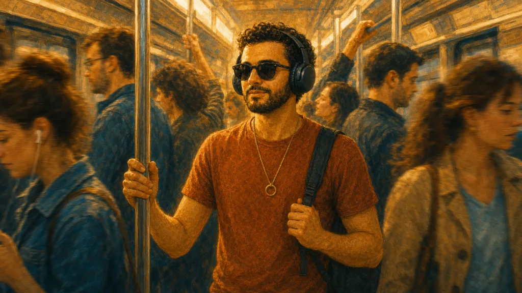 Homme portant un casque antibruit et des lunettes de soleil dans un métro bondé