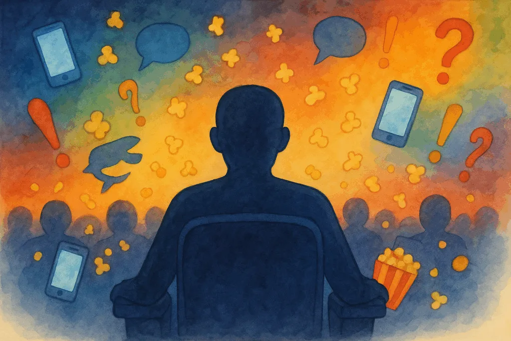 Personne crispée dans une salle de cinéma chaotique