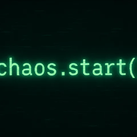 Illustration chaos.start() en ligne de code sur un fond avec des glitchs