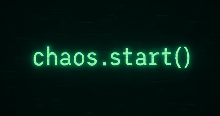 Illustration chaos.start() en ligne de code sur un fond avec des glitchs