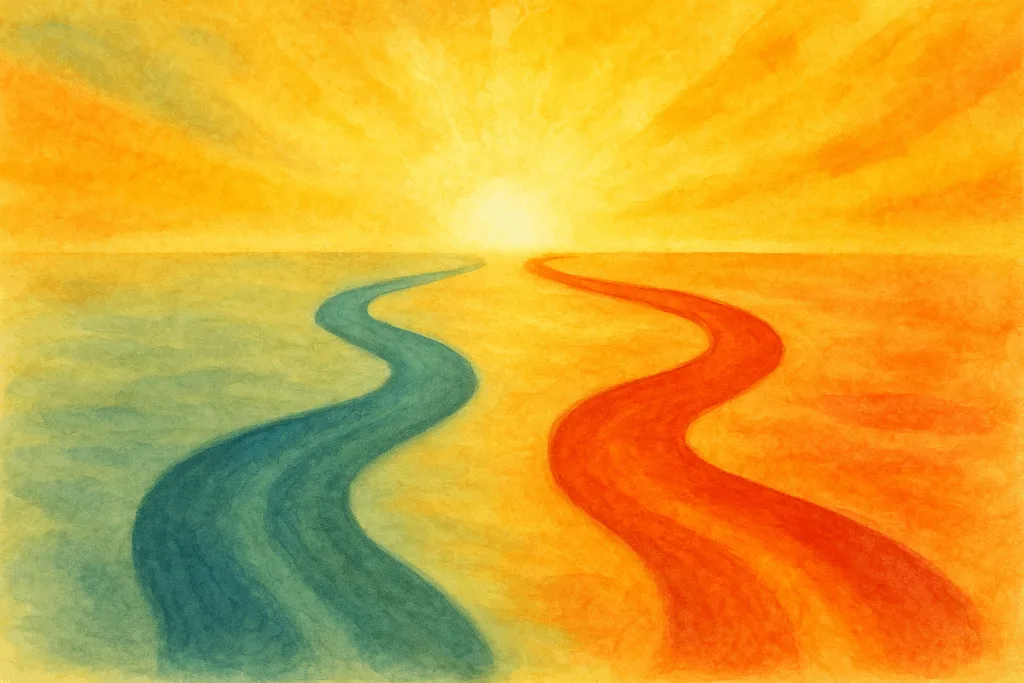 Chemins bleu et orange (autisme et bipolarité) qui convergent à l'horizon vers un point lumineux