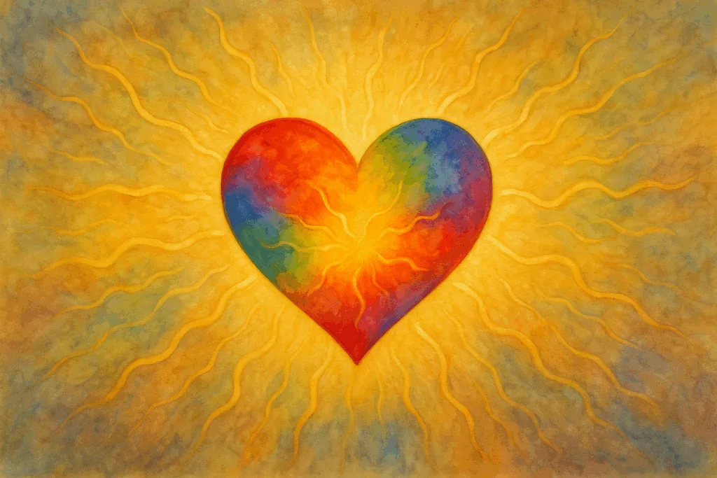 Illustration d'un cœur multicolore (spectre autistique) entouré de filaments lumineux (intensité de l'amour)