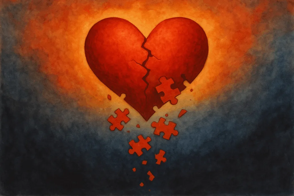 Illustration d'un cœur brisé qui se réduit en pièces de puzzle qui tombent