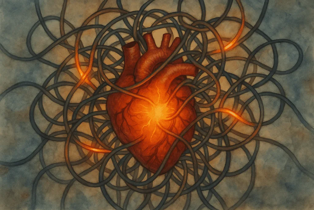 Illustration d'un cœur qui bat (amoureux) entouré de fils métalliques (hôpital psychiatrique)