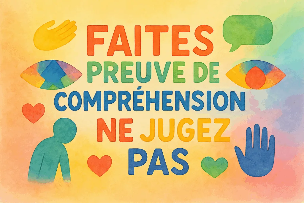 Illustration militante : "Faites preuve de compréhension, ne jugez pas" multicolore avec des symboles divers