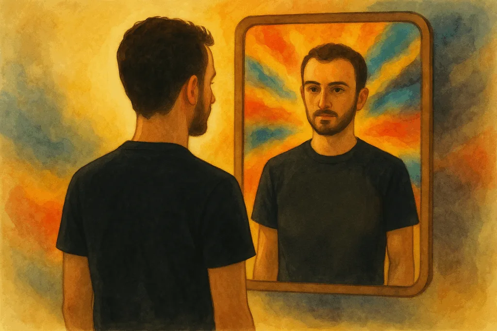 Moi me regardant dans un miroir aux reflets multicolores, sur fond coloré